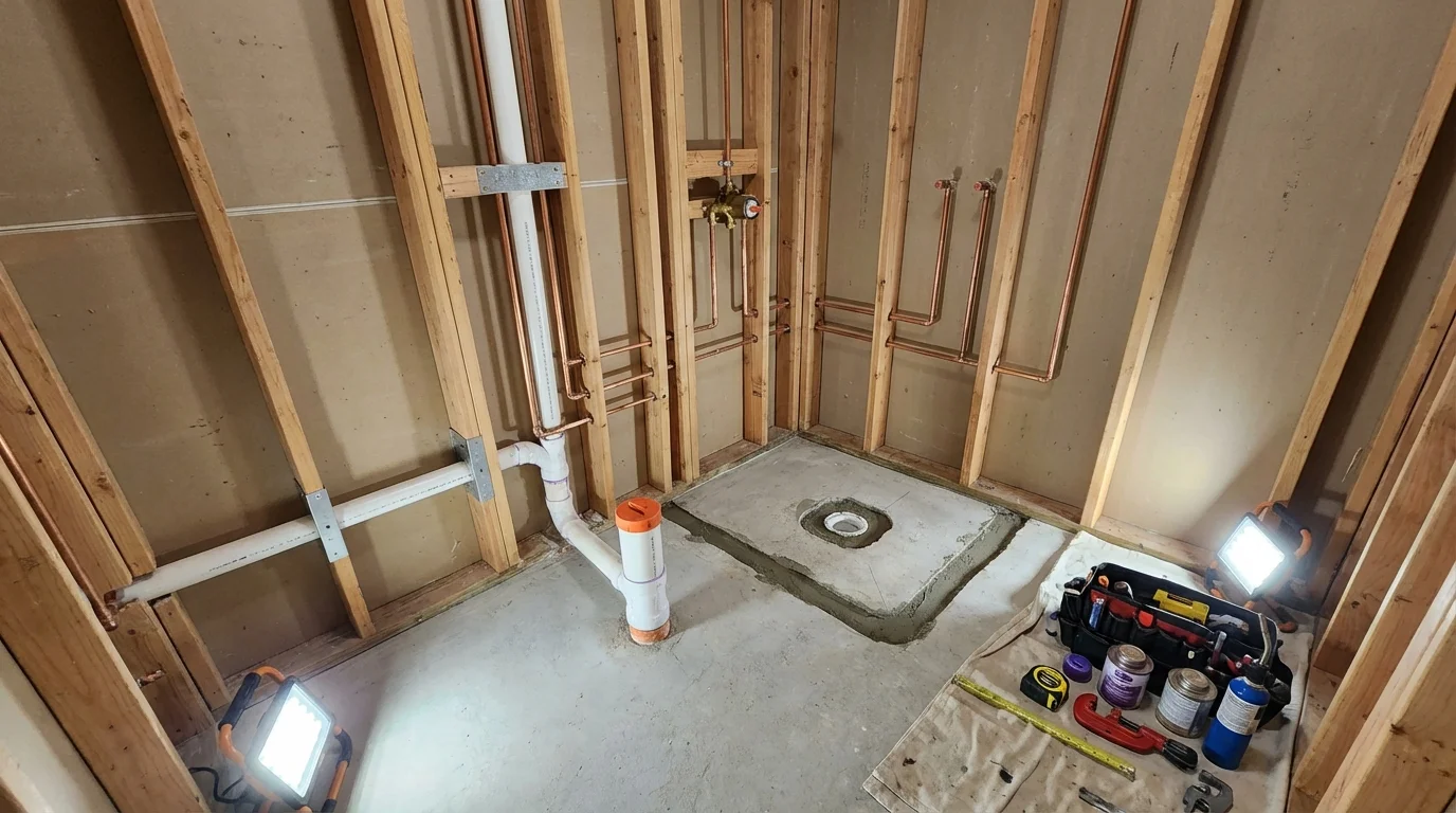 Bathroom rough-in plumbing during remodel by Johns Plumbing LLC in Inglis