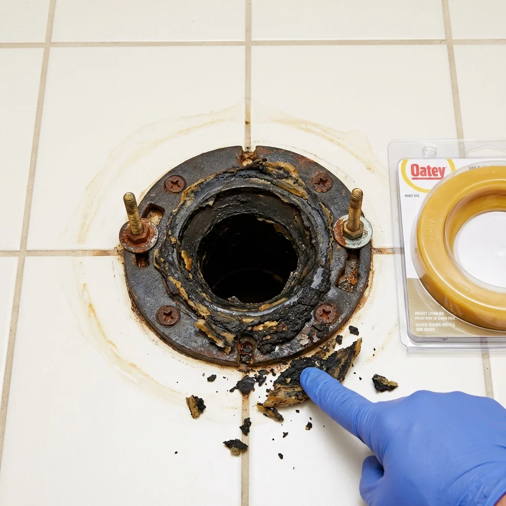 Failed wax ring showing water seepage at the base of a toilet in a Inglis, FL home