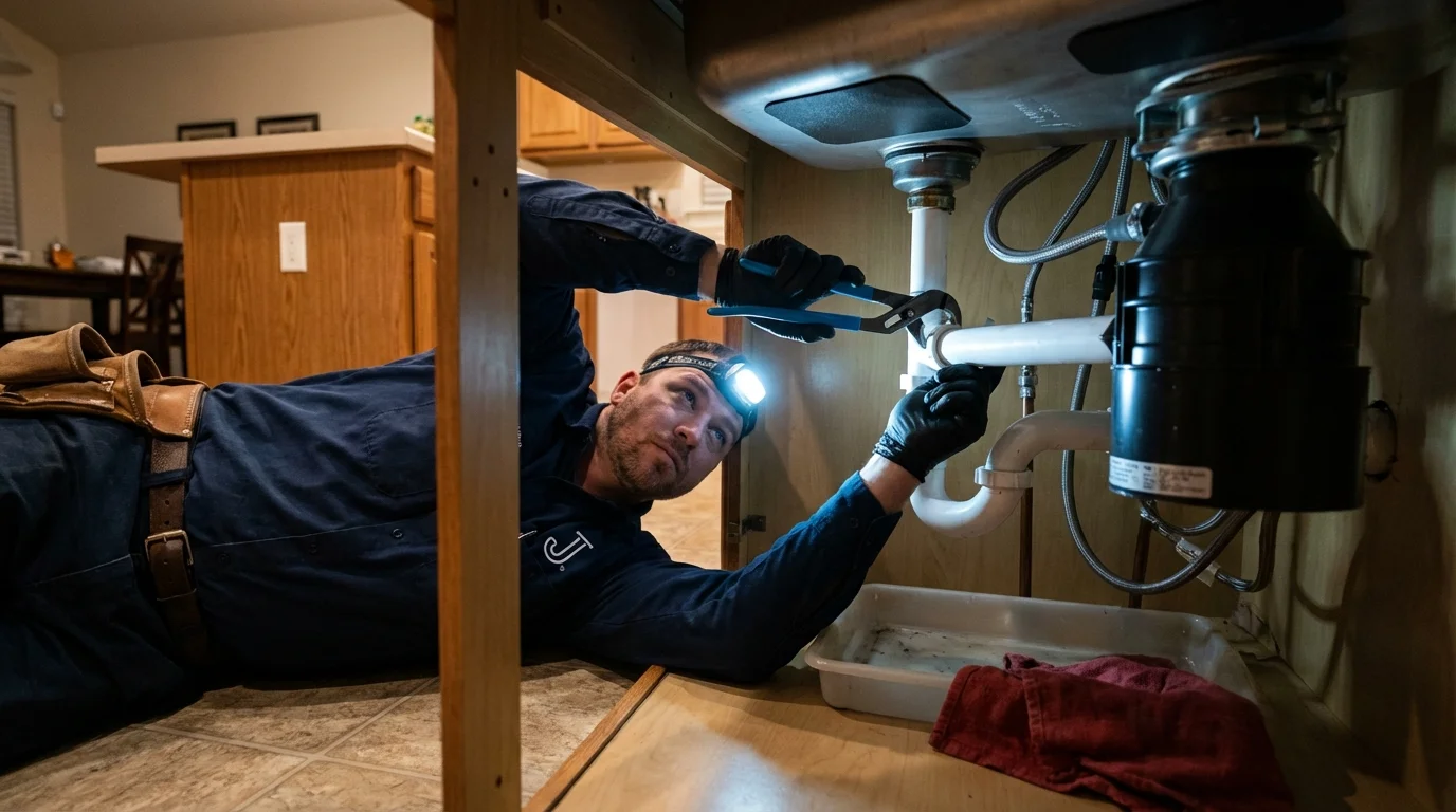 P-trap and supply line connections under a kitchen sink showing a common leak point in Inglis, FL